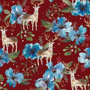 Watercolour Winter Stag And Blue Flowers Crimson Red Medium