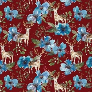 Watercolour Winter Stag And Blue Flowers Crimson Red Small
