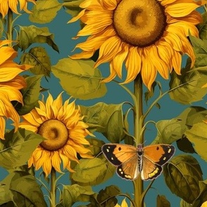 12" Fall Sunflower Flower Field with Butterflies in Teal Blue by Audrey Jeanne