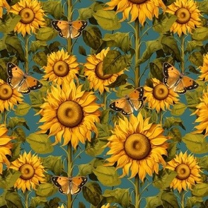 6" Fall Sunflower Flower Field with Butterflies in Teal Blue by Audrey Jeanne