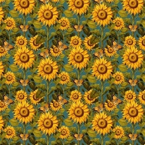 3" Fall Sunflower Flower Field with Butterflies in Teal Blue by Audrey Jeanne