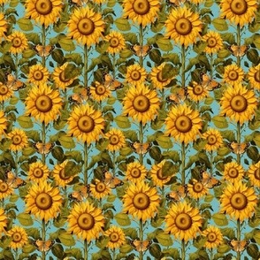 3" Fall Sunflower Flower Field with Butterflies in Sky Blue by Audrey Jeanne