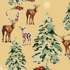 Vintage Holiday Christmas Tree Reindeer Winter Woodland Wonderland, Green Christmas Trees, Gold Stars, Poinsettia Holiday Gift (Medium Scale) 