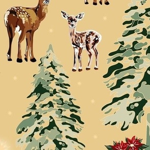 Holiday Season Christmas Reindeer, Winter Woodland Wonderland, Pine Green Xmas Trees, Gold Stars, Poinsettia Holiday Gift (Large Scale) 