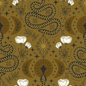 Whimsical Gothic Snakes, Suns, Moons, Stars {on Luxor Gold} Dark Moody Floral, Medium Scale