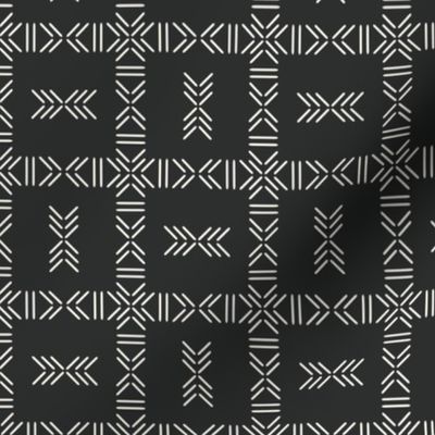 Modern Abstract Mudcloth Plaid {Clear Moon on Dark Charcoal Black} Bohemian Arrows and Stripes