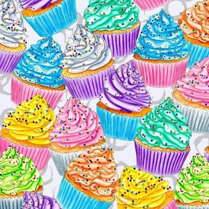 Hand Painted Watercolor Rainbow Cupcakes tossed on Grey Large Scale
