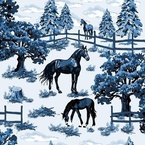 Horse Pony Grazing Paddock Toile, Blue and White Toile De Jouy Pine Tree Forest Woodland Scene, Vibrant Blue Tones (Small Scale)
