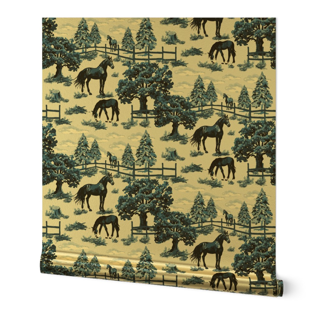 Blue and White Toile De Jouy Horse Pony Grazing, Pine Tree Forest Woodland Scene, Vibrant Blue Tones, Horse Pattern, Pony Field, Maximalist Thoroughbred Horses, Animal Countryside Paddock, Country Ponies, Baby Foal Grazing, Equestrian Scene (Large Scale)