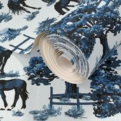 Blue and White Toile De Jouy Horse Pony Grazing, Pine Tree Forest Woodland Scene, Vibrant Blue Tones, Horse Pattern, Pony Field, Maximalist Thoroughbred Horses, Animal Countryside Paddock, Country Ponies, Baby Foal Grazing, Equestrian Scene (Large Scale)