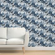 Blue and White Toile De Jouy Horse Pony Grazing, Pine Tree Forest Woodland Scene, Vibrant Blue Tones, Horse Pattern, Pony Field, Maximalist Thoroughbred Horses, Animal Countryside Paddock, Country Ponies, Baby Foal Grazing, Equestrian Scene (Large Scale)