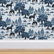 Blue and White Toile De Jouy Horse Pony Grazing, Pine Tree Forest Woodland Scene, Vibrant Blue Tones, Horse Pattern, Pony Field, Maximalist Thoroughbred Horses, Animal Countryside Paddock, Country Ponies, Baby Foal Grazing, Equestrian Scene (Large Scale)