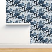 Blue and White Toile De Jouy Horse Pony Grazing, Pine Tree Forest Woodland Scene, Vibrant Blue Tones, Horse Pattern, Pony Field, Maximalist Thoroughbred Horses, Animal Countryside Paddock, Country Ponies, Baby Foal Grazing, Equestrian Scene (Large Scale)