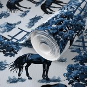 Blue and White Toile De Jouy Horse Pony Grazing, Pine Tree Forest Woodland Scene, Vibrant Blue Tones, Horse Pattern, Pony Field, Maximalist Thoroughbred Horses, Animal Countryside Paddock, Country Ponies, Baby Foal Grazing, Equestrian Scene (Large Scale)