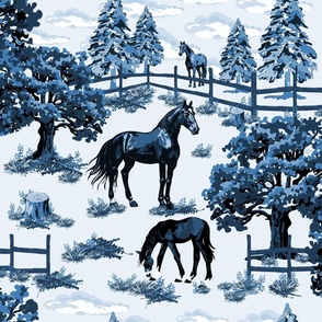 Blue and White Toile De Jouy Horse Pony Grazing, Pine Tree Forest Woodland Scene, Vibrant Blue Tones (Large Scale)