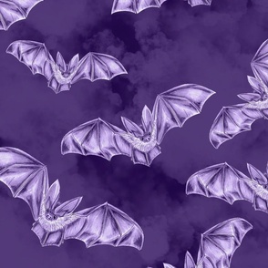 Purple Hand Drawn Bats on Dark Purple Sky