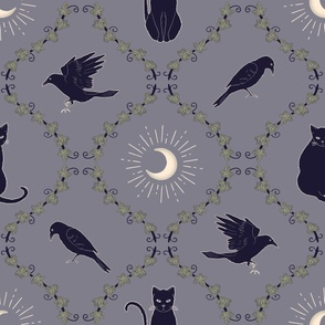 Moon, Cats, and Crows on a purple background • Large Scale