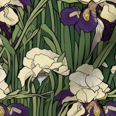 art deco geometric irises in white and purple and green