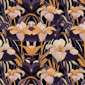 art deco geometric irises in purple and gold and white and black