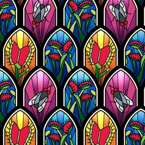 Stained Glass Venus Flytraps Whimsigothic Wallpaper- Warm Colorway 