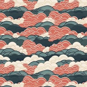 art deco geometric japanese clouds in orange and teal