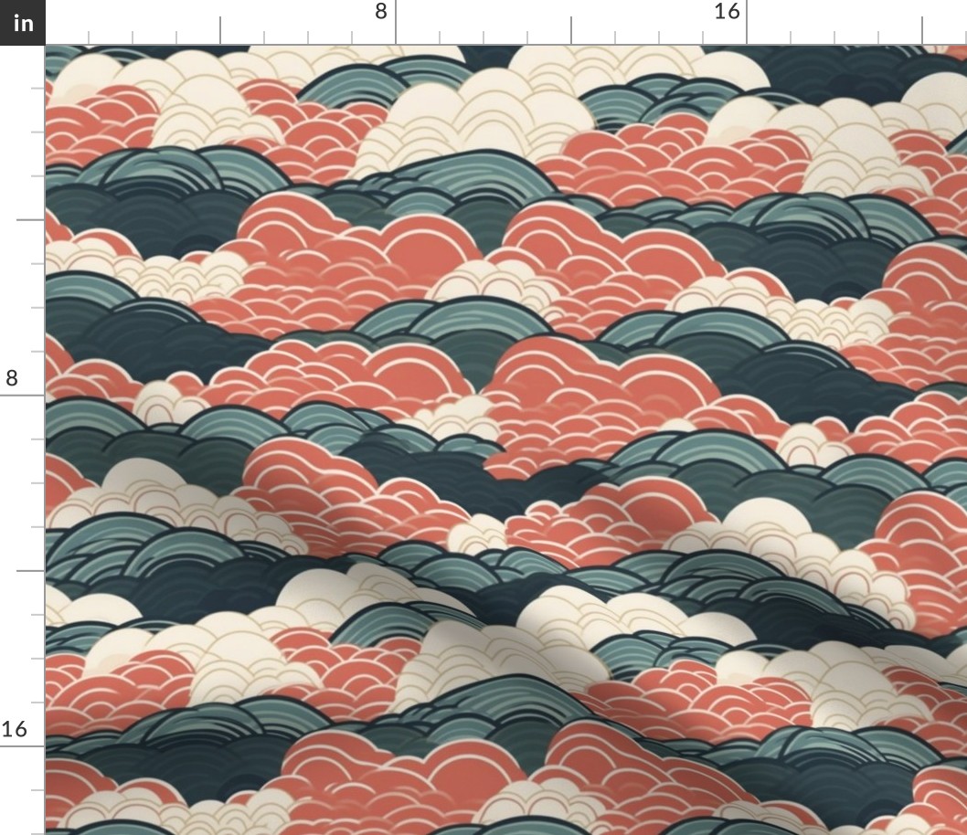 art deco geometric japanese clouds in orange and teal