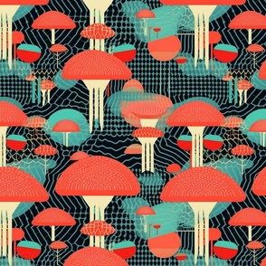art deco geometric mushrooms in red and blue and white
