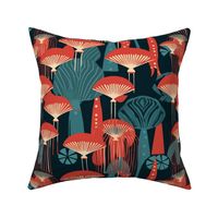art deco geometric mushrooms in red and blue and black