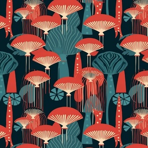 art deco geometric mushrooms in red and blue and black