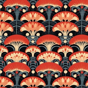 art deco geometric mushrooms in red and black