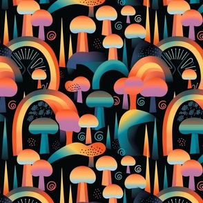 art deco geometric mushrooms under the rainbow