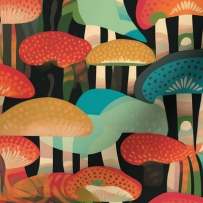 art deco geometric mushrooms in orange and red and blue