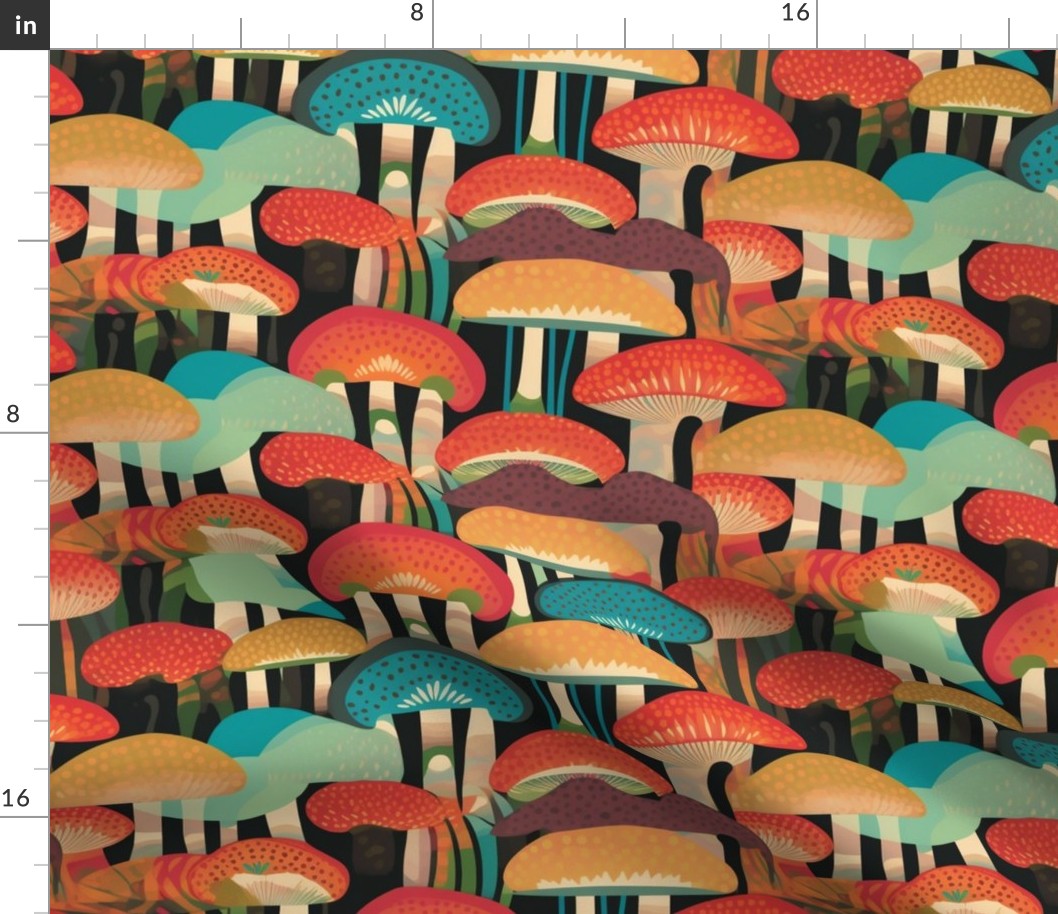 art deco geometric mushrooms in orange and red and blue