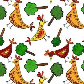Folk Art Bird and Trees, colorful, bright