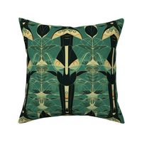 abstract geometric praying mantis in green and black