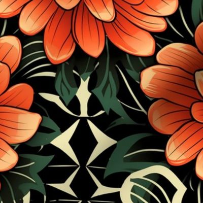 orange and red art nouveau zinnia