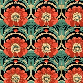 art nouveau zinnias in red and teal