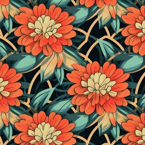 art nouveau zinnias in red orange and green