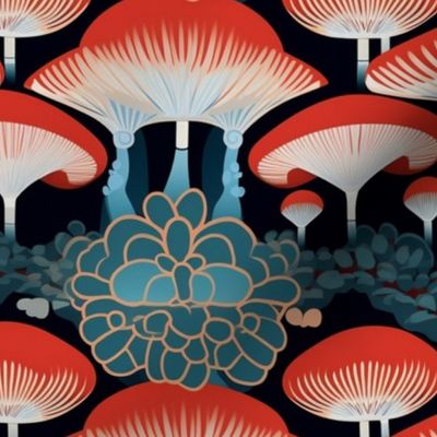 art deco mushrooms in red and teal