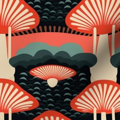 art deco mushrooms in red and teal