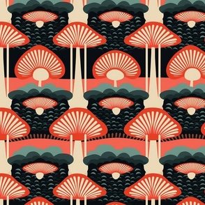 art deco mushrooms in red and teal