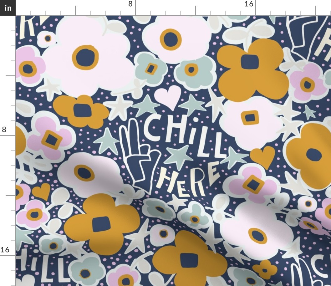 LARGE: Chill Here Amid Whimsical Stars and honey and pink Floral accents