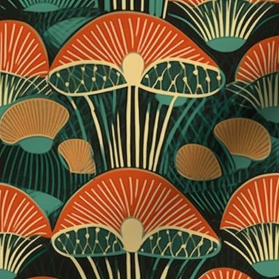 art deco mushrooms in red, orange and green