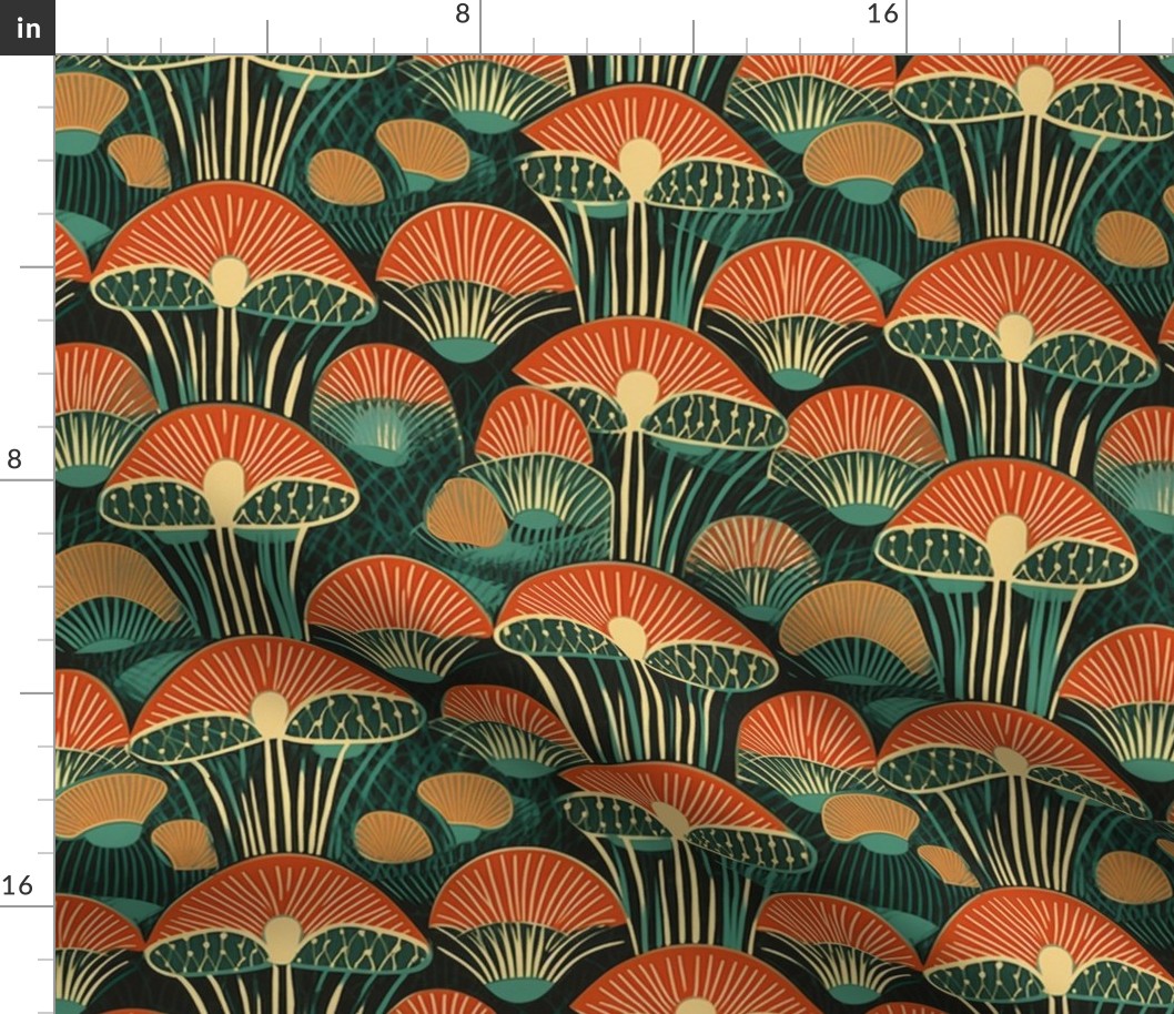 art deco mushrooms in red, orange and green