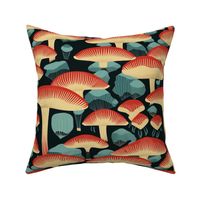 art deco mushrooms in red gold and green teal