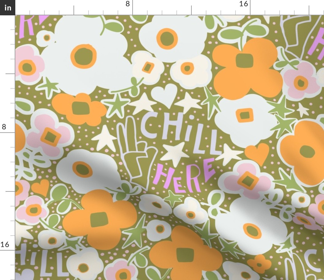 "Chill Here" Amid Whimsical Stars and orange and white Floral accents