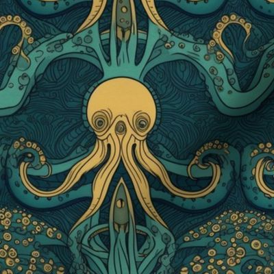 teal and gold art deco octopus