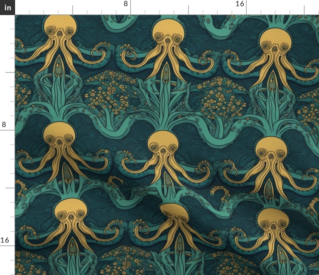 teal and gold art deco octopus