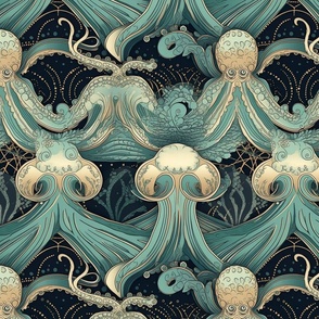art nouveau octopus in teal and gold