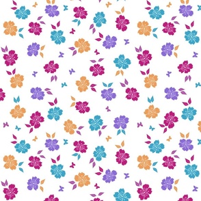 Pretty Bold Ditsy Floral Butterfly Pink Blue Yellow Purple Lilac on White